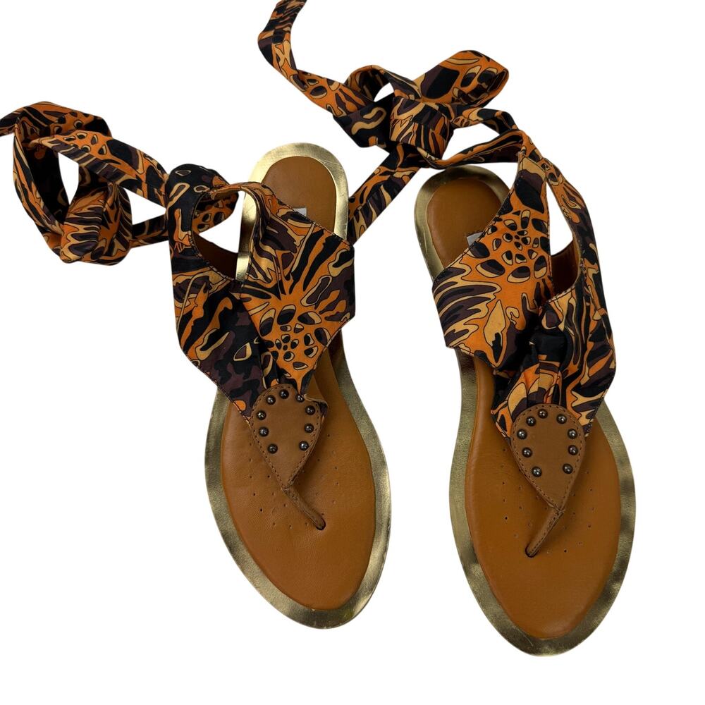 GEOX Rio Women's Flat Sandal 38 7.5 Brown Black Ankle Wrap Biriba Scarf Strap